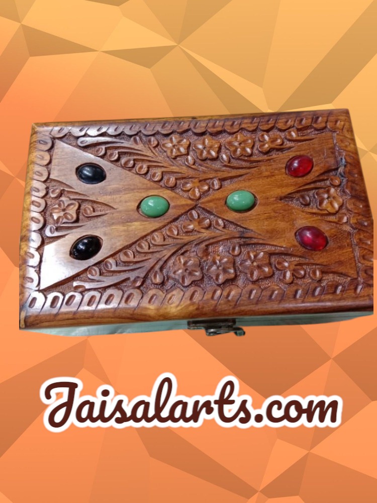 Hand-Carved Wooden Box with Multi-Colored Stones